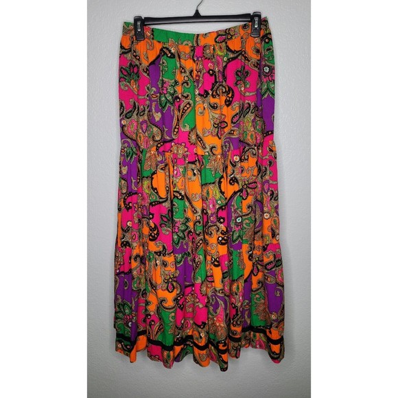 Vintage 1970's‎ Neon Paisley Knee Length Skirt Size Large Hippie Boho Festival - Picture 2 of 11